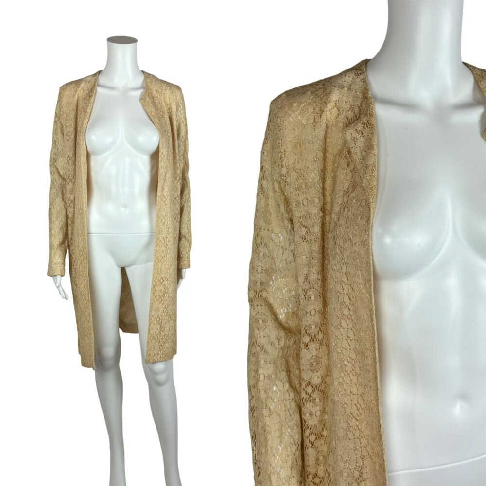 Vintage 60s Overcoat Women's Extra Small Cream Lace Open Overlay Dress Jacket Du